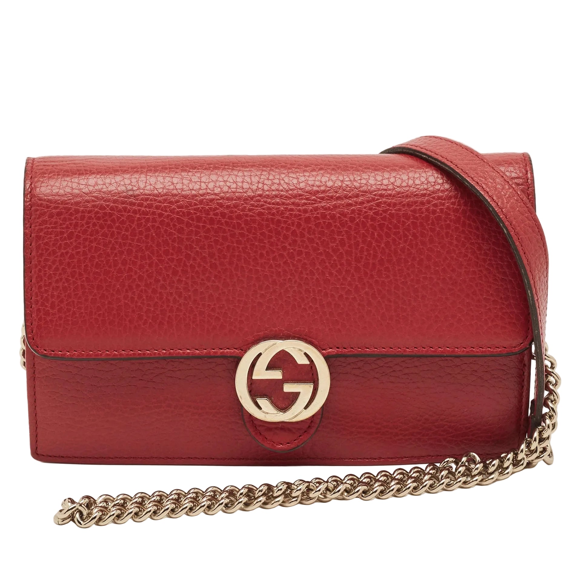 Gucci Red Leather Wallet-On-Chain With Round Interlocking Logo
